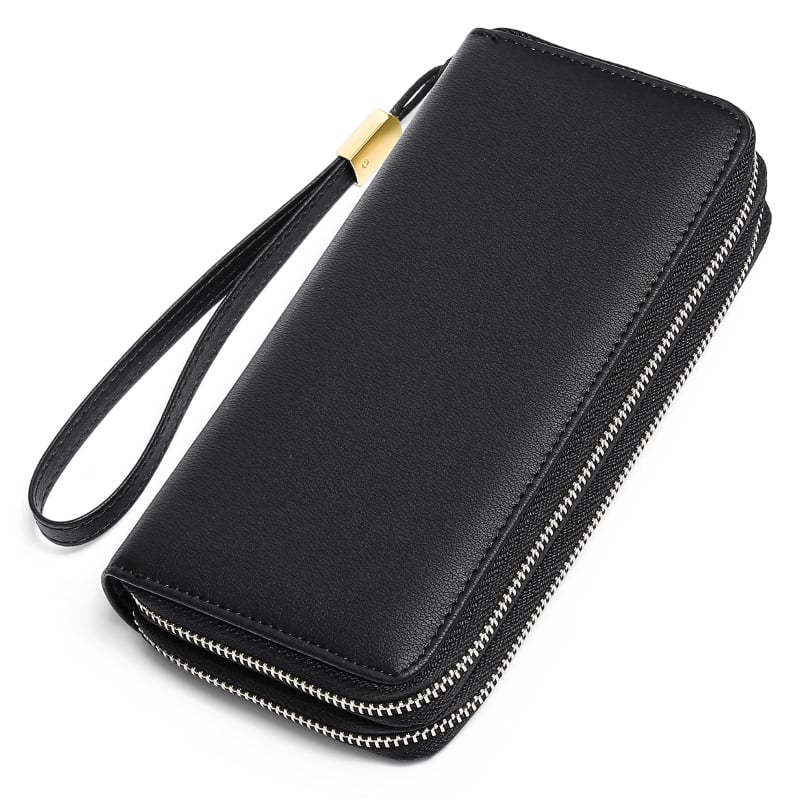 Portofel lung din piele microfibră, clutch multifuncțional pentru carduri, închidere cu fermoar dublu, model 1399