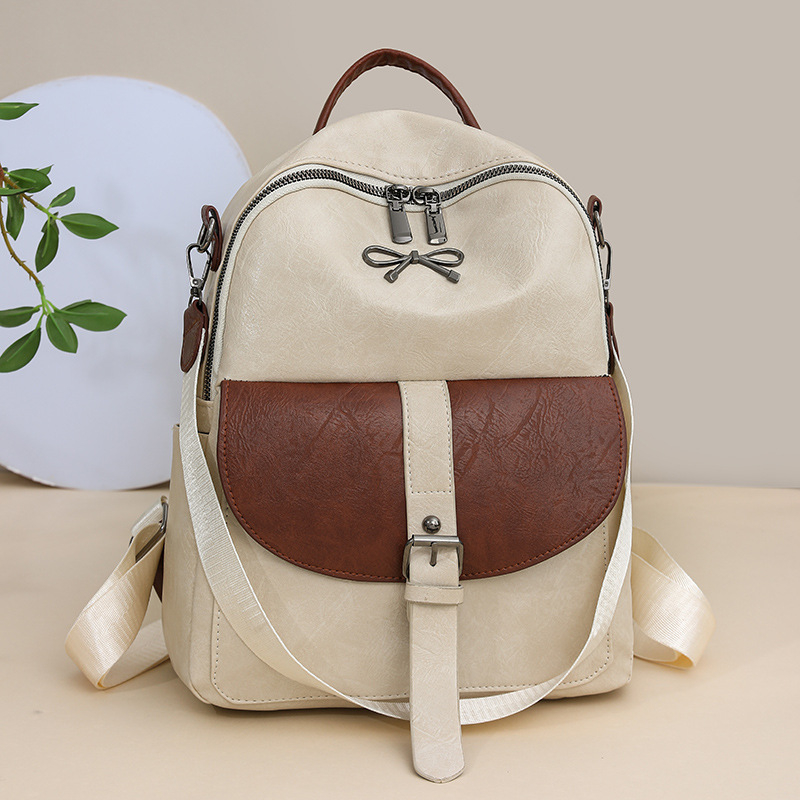 Ženski ruksak od PU kože, velik kapacitet, retro casual stil, kontrastni dizajn boja, zatvarač