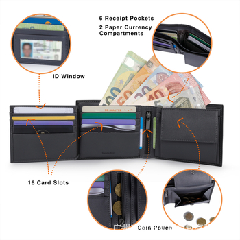 Portofel din piele naturală, ultra-subțire, RFID, 12 compartimente pentru carduri și buzunar pentru monede, cutie cadou, negru, model geometric