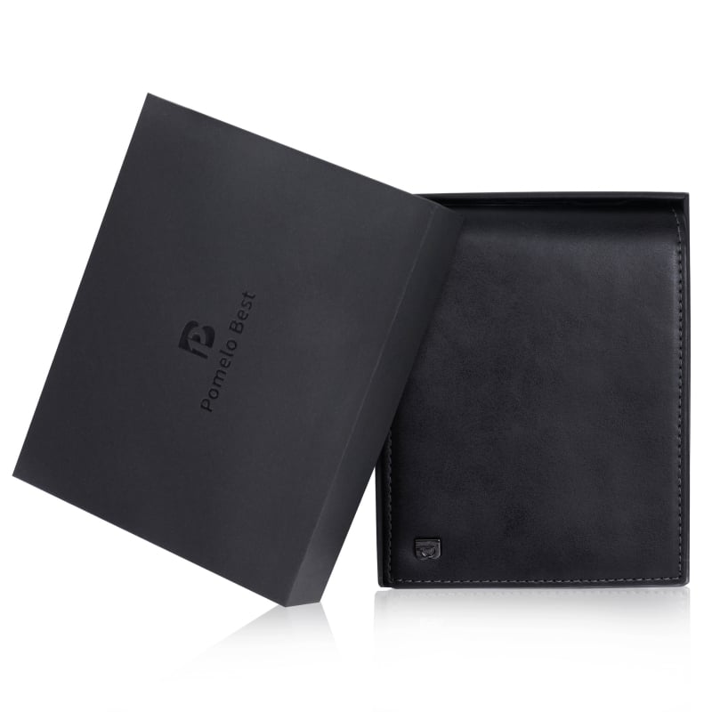 Portofel din piele naturală, ultra-subțire, RFID, 12 compartimente pentru carduri și buzunar pentru monede, cutie cadou, negru, model geometric