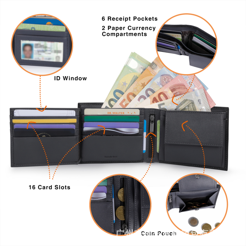 Portofel din piele naturală, ultra-subțire, RFID, 12 compartimente pentru carduri și buzunar pentru monede, cutie cadou, negru, model geometric