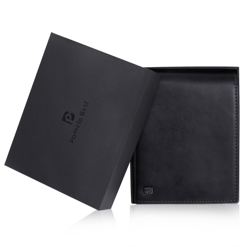 Portofel din piele naturală, ultra-subțire, RFID, 12 compartimente pentru carduri și buzunar pentru monede, cutie cadou, negru, model geometric