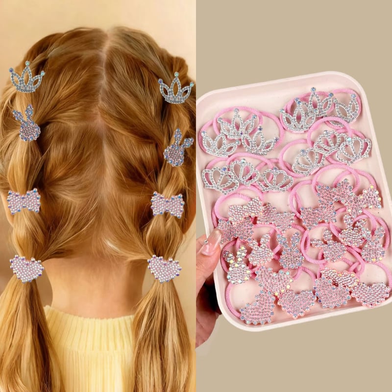 10-dielna sada roztomilých gumičiek do vlasov s kamienkami pre deti s motívmi koruny, mašle, zajaca a srdca