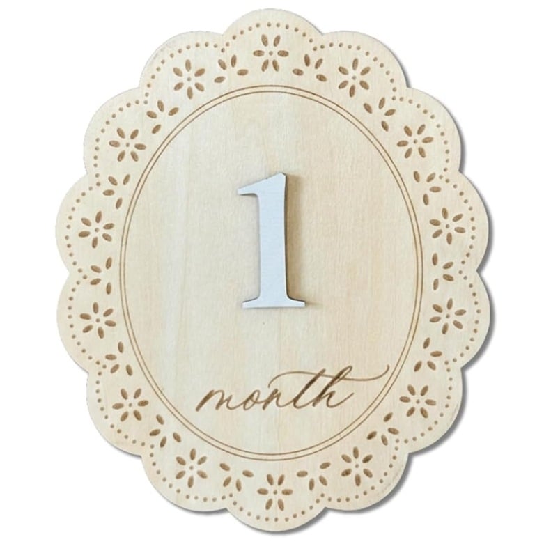 Semne lunare de milestone, ovale, cu margine dantelată, duble — plăci din lemn pentru decorare foto, 1–12 luni