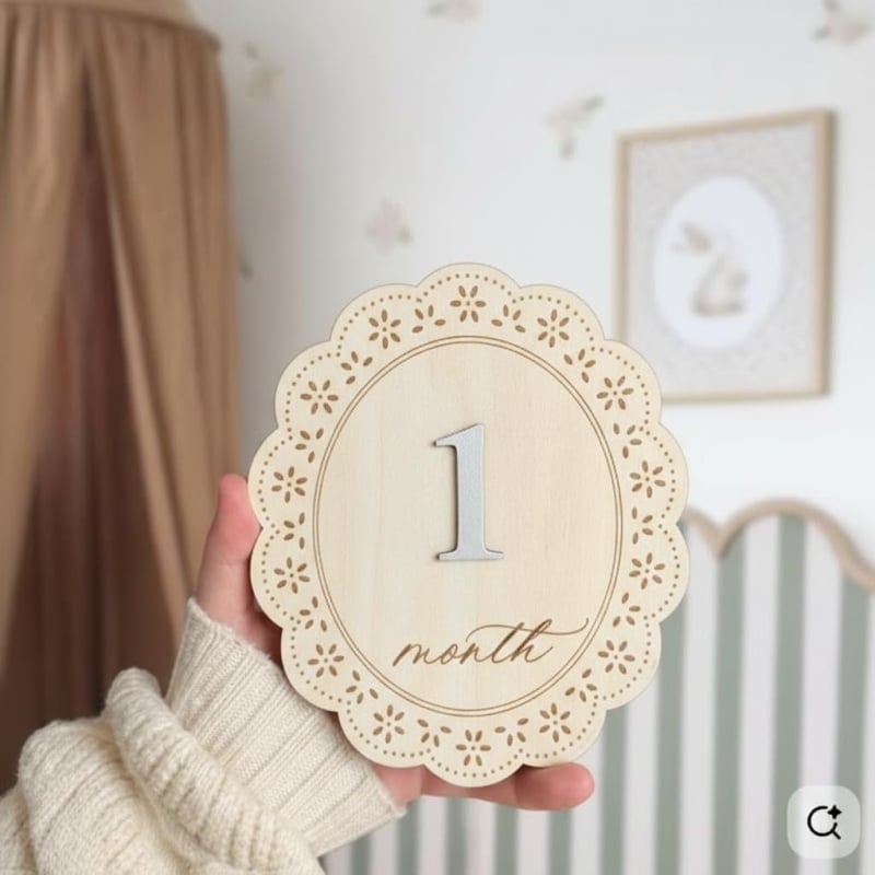 Semne lunare de milestone, ovale, cu margine dantelată, duble — plăci din lemn pentru decorare foto, 1–12 luni