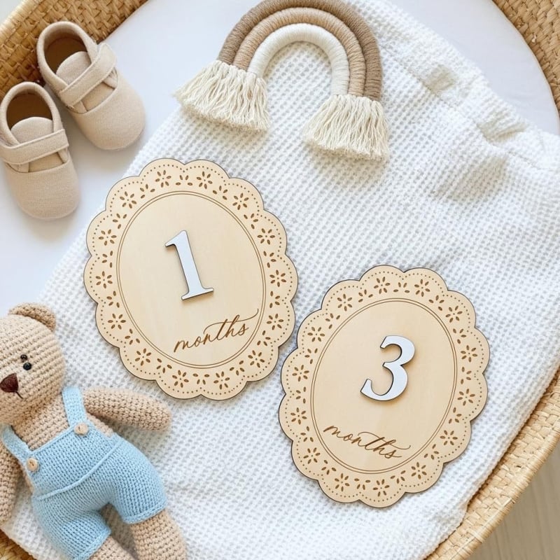 Semne lunare de milestone, ovale, cu margine dantelată, duble — plăci din lemn pentru decorare foto, 1–12 luni