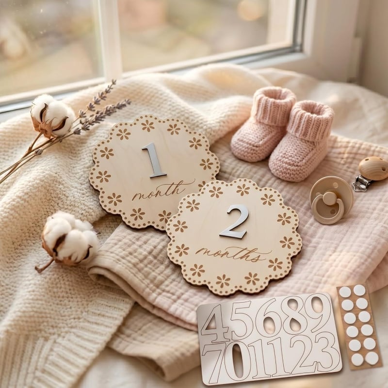 Semne lunare de milestone, ovale, cu margine dantelată, duble — plăci din lemn pentru decorare foto, 1–12 luni
