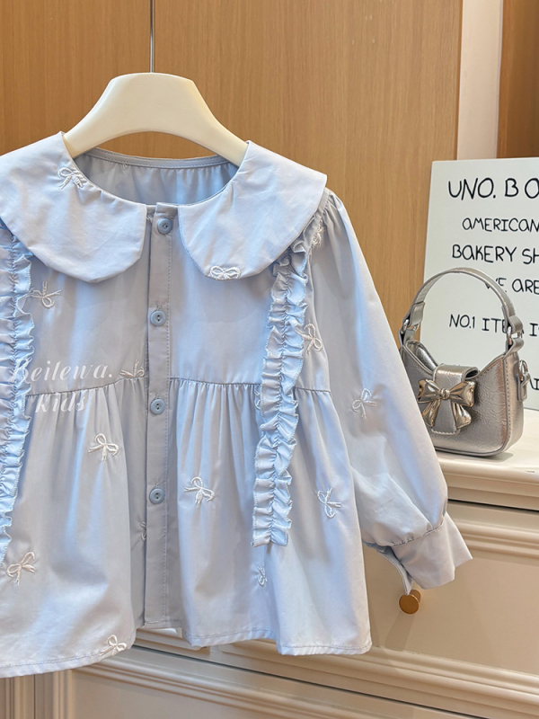 Παιδική μακριμάνικη μπλούζα από 100% βαμβάκι με δαντελένια άκρη στο τελείωμα, Κορεάτικο και γαλλικό στυλ για την άνοιξη.