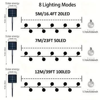 LED нишка със сферични прозрачни топчета за двор и открито — слънчево захранване, декоративно осветление за къмпинг