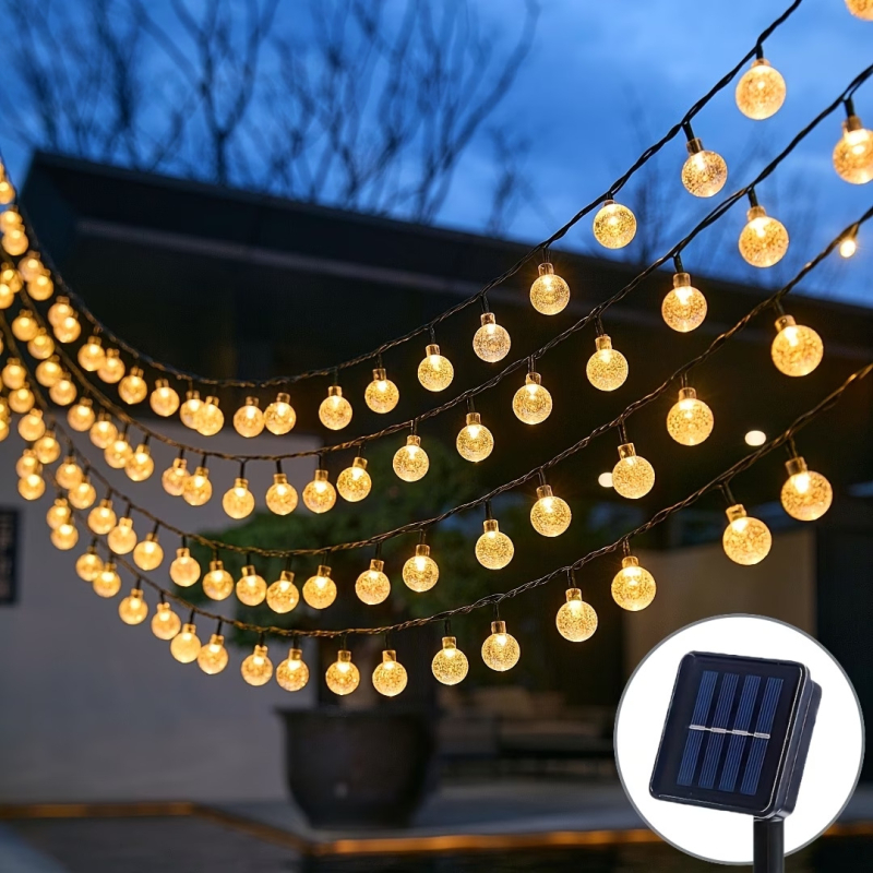 LED нишка със сферични прозрачни топчета за двор и открито — слънчево захранване, декоративно осветление за къмпинг