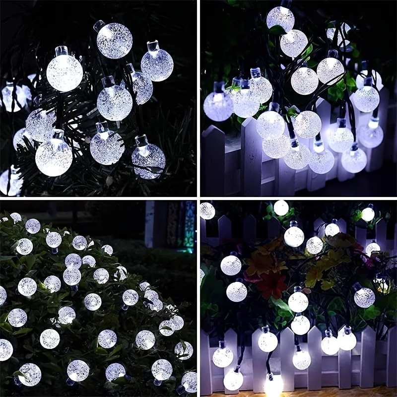 LED нишка със сферични прозрачни топчета за двор и открито — слънчево захранване, декоративно осветление за къмпинг