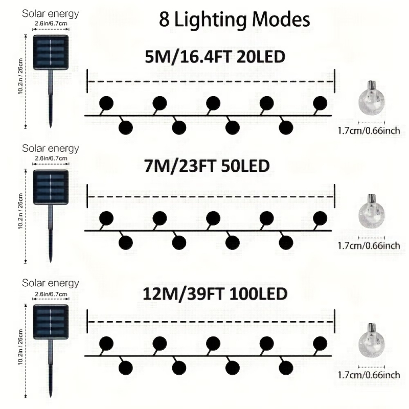 LED нишка със сферични прозрачни топчета за двор и открито — слънчево захранване, декоративно осветление за къмпинг