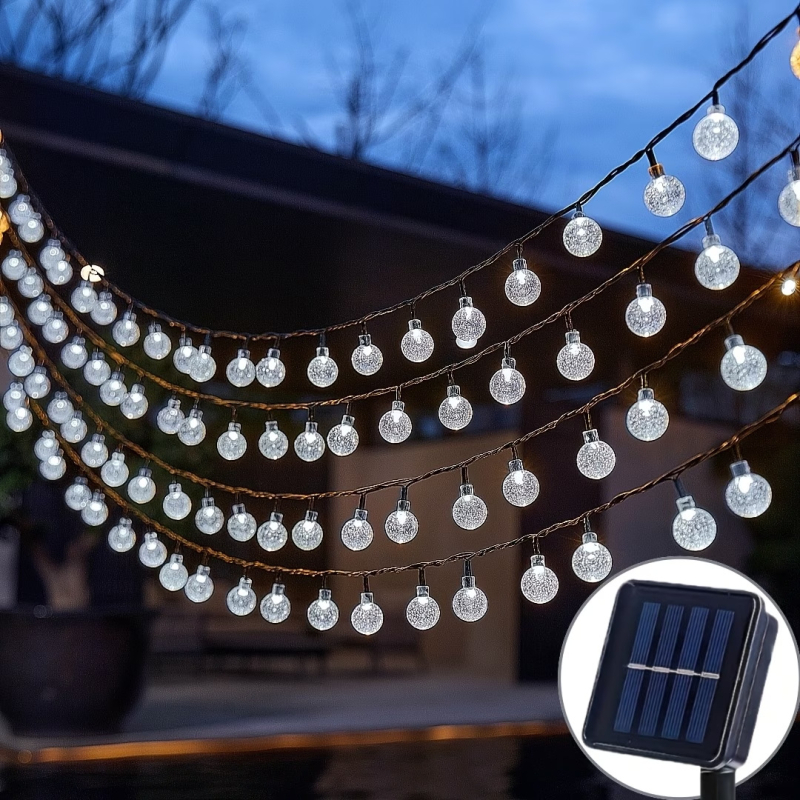 LED нишка със сферични прозрачни топчета за двор и открито — слънчево захранване, декоративно осветление за къмпинг