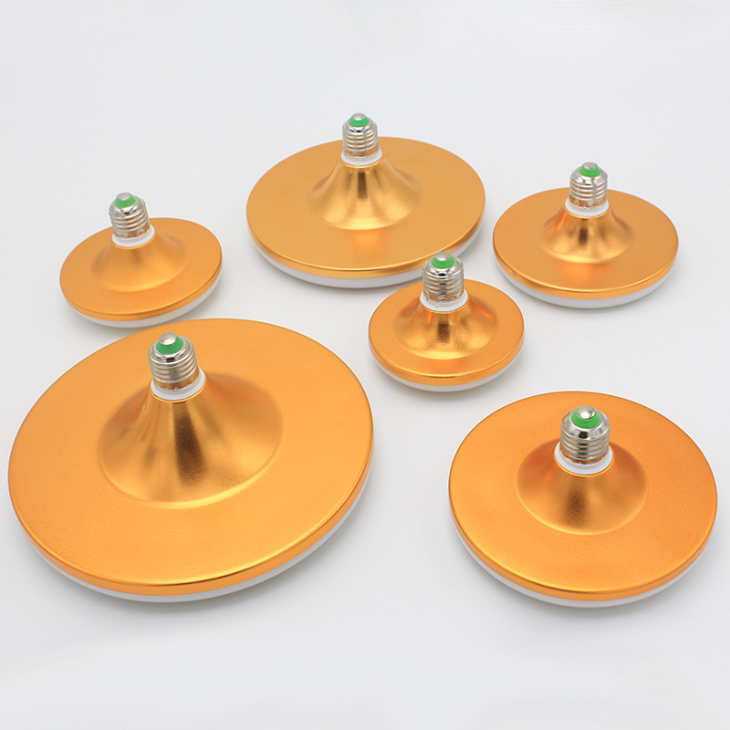 LED UFO таванна лампа, база E27, 30–50W, дископодобна форма, златисто покритие, енергоспестяваща.