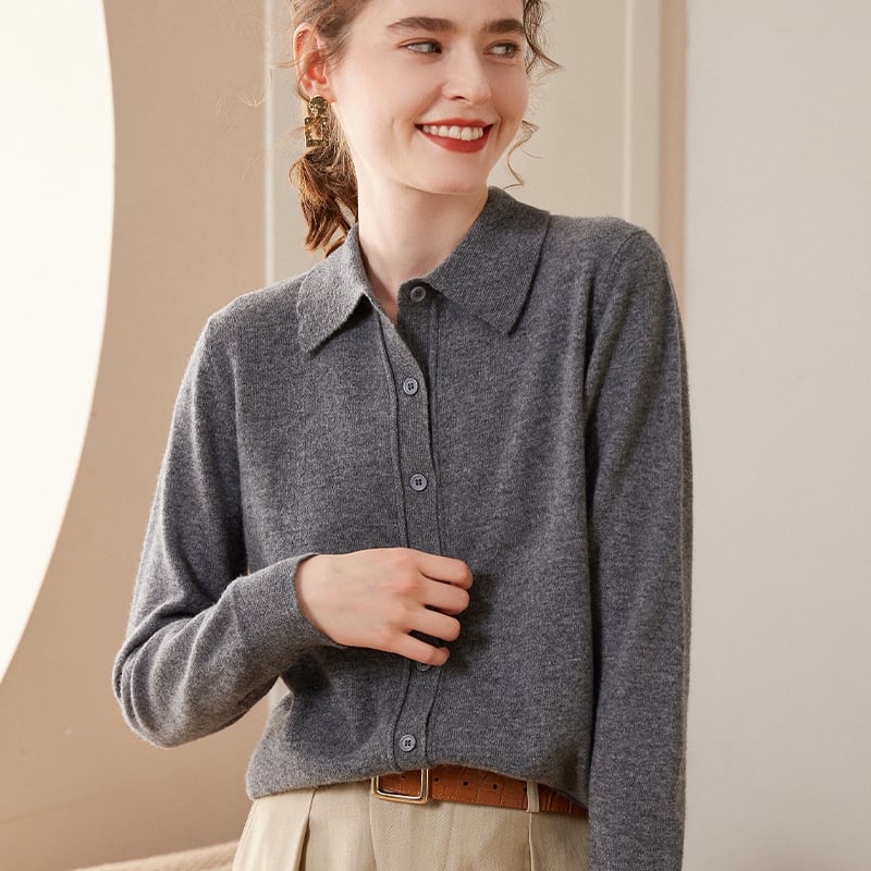 Cardigan din cașmir cu guler polo pentru femei, croială lejeră, mâneci lungi, tricotat