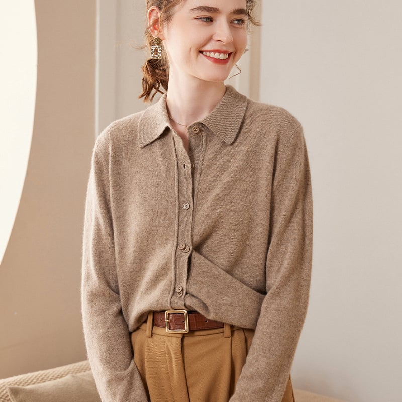 Cardigan din cașmir cu guler polo pentru femei, croială lejeră, mâneci lungi, tricotat