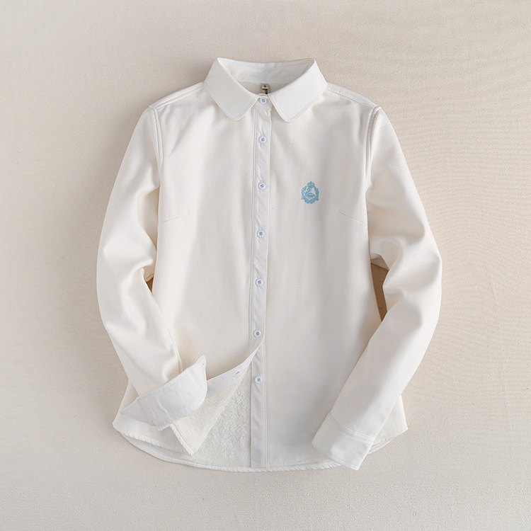 Γυναικείο μακρυμάνικο πουκάμισο σε κορεατικό στυλ, Oxford από βαμβάκι, κεντημένο, με fleece επένδυση, λευκό μονόχρωμο, ζεστό βασικό στρώμα