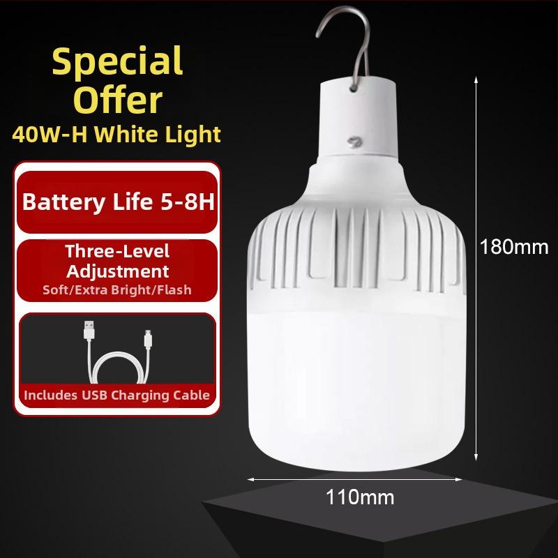 Nabíjateľná LED žiarovka so vstavanou batériou, pätica E14, 600 lm, 170° vyžarovanie, vodeodolná IP42, vonkajšie núdzové svetlo, úsporné, na výstavy