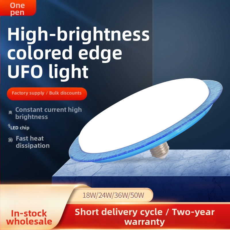 Stropné LED svietidlo UFO s modrým okrajom a tienidlom z PC, okrúhle, pre domáce a firemné použitie