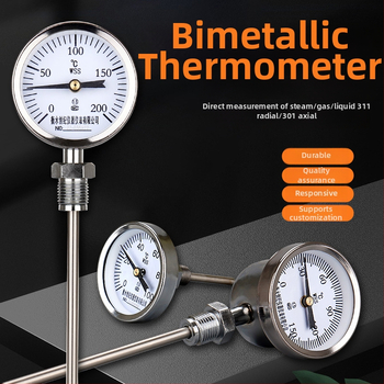 WSS-311/301 Ohňovzdorný bimetalový teplomer pre kotlové rúry, axiálny a radiálny, ukazovateľ Y60, 0–300 °C