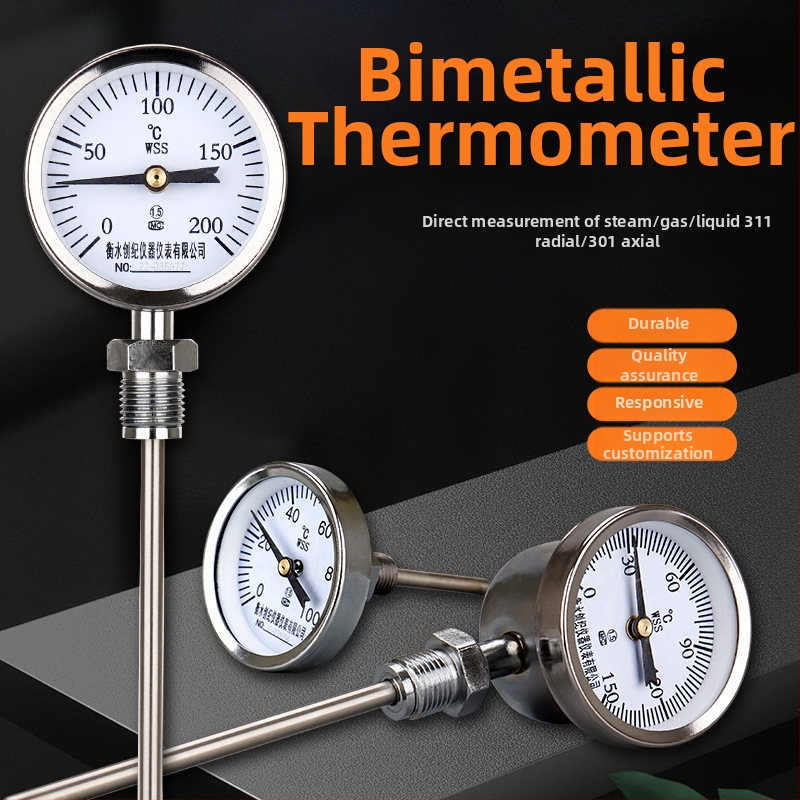 WSS-311/301 Ohňovzdorný bimetalový teplomer pre kotlové rúry, axiálny a radiálny, ukazovateľ Y60, 0–300 °C