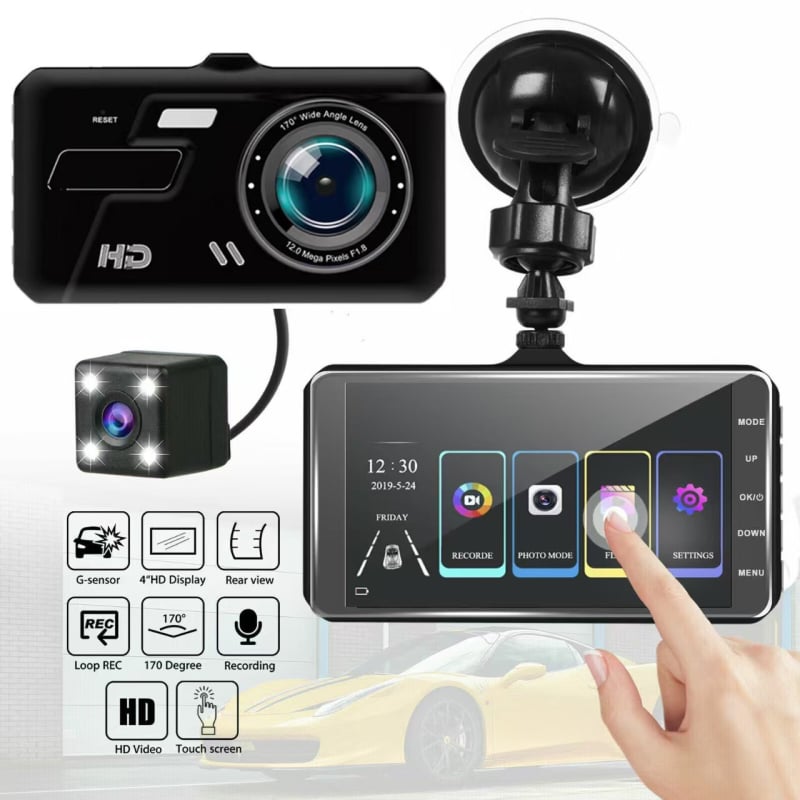 CM-2 Dash Cam με οθόνη αφής 4 ιντσών, 1080p, διπλός φακός εμπρός-πίσω, εγγραφή και ανάστροφη προβολή