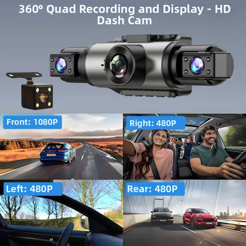 Hlasom ovládaná skrytá štvorobrázková kamera do auta s prednou, vnútornou a zadnou kamerou, Wi-Fi, IPS HD a DVR