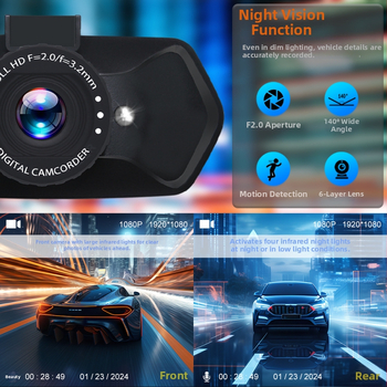 Dash Cam με διπλό φακό, εμπρός και πίσω κάμερα, 1080p, νυχτερινή όραση, 140° ευρυγώνιο, εικόνα οπισθοπορείας
