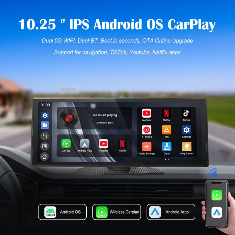 10,25-inčni dash cam s dvostrukim Wi-Fi, bežični CarPlay pametni zaslon i Android navigacija za automobil