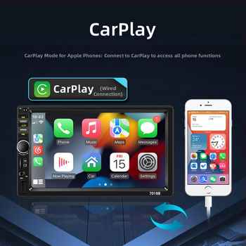 7-palcová obrazovka CarPlay 7018B s káblovou navigáciou a cúvacím zobrazovaním, prehrávač MP5 s rozhraním Bluetooth