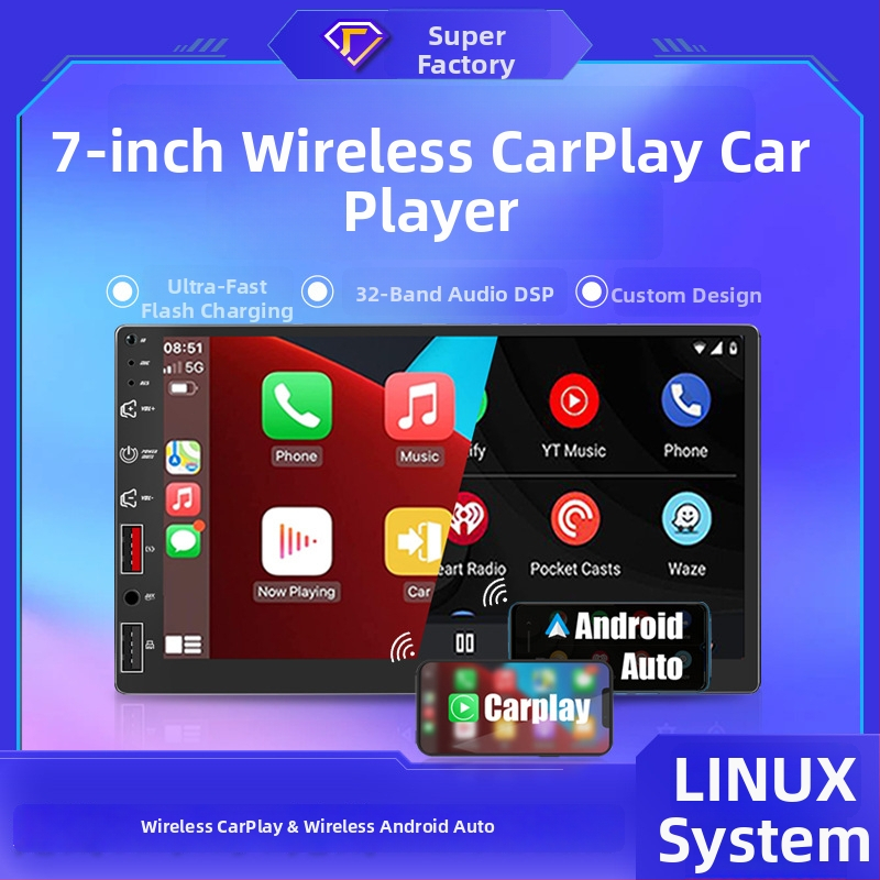 7-palcová hlavná jednotka infotainmentu do auta s Linuxom, MP5 prehrávačom, bezdrôtovým CarPlay a Android Auto