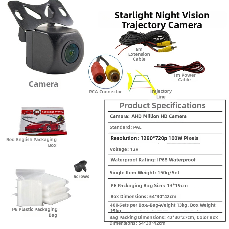 Inteligentná kamera do auta s nočným videním a hviezdnym záberom, 12V, univerzálna, AHD 720P, dynamická cúvacia kamera