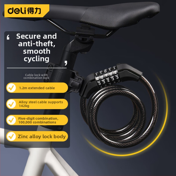 Zámok na bicykel Deli s päťmiestnym kódom, hrubé oceľové lanko, ochrana proti krádeži pre elektrické a horské bicykle, DL508011