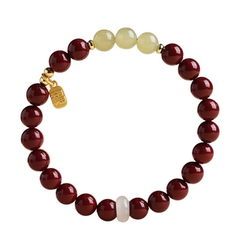 Βραχιόλι Purple-Gold Sandstone & Cinnabar για γυναίκες, Imperial Red Cinnabar, 8mm χάντρες από Quartz και Jade, μοναδικός σχεδιασμός
