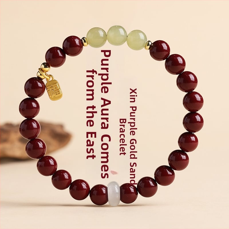 Βραχιόλι Purple-Gold Sandstone & Cinnabar για γυναίκες, Imperial Red Cinnabar, 8mm χάντρες από Quartz και Jade, μοναδικός σχεδιασμός