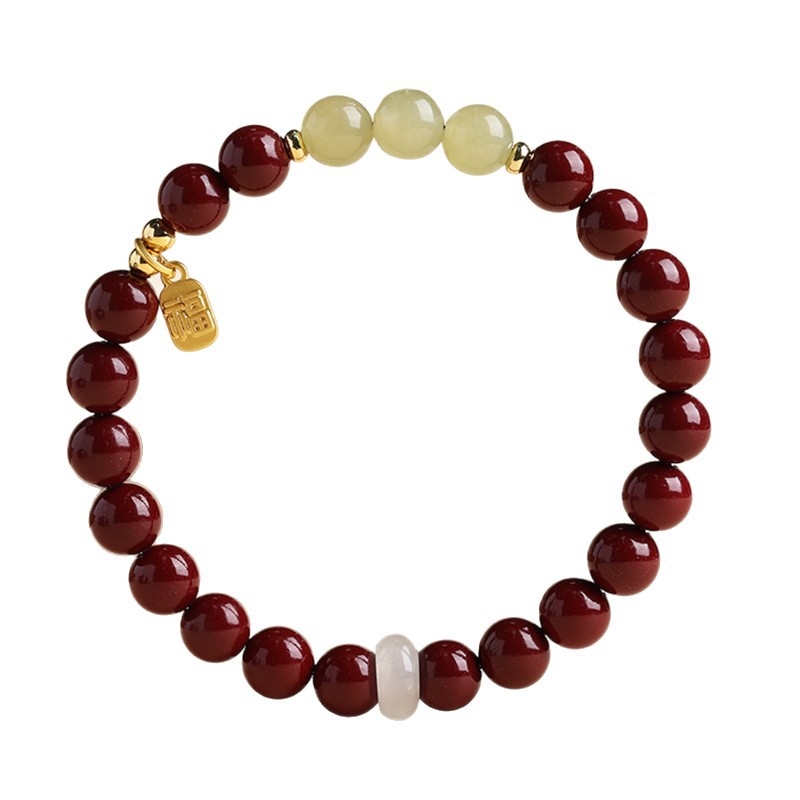 Βραχιόλι Purple-Gold Sandstone & Cinnabar για γυναίκες, Imperial Red Cinnabar, 8mm χάντρες από Quartz και Jade, μοναδικός σχεδιασμός