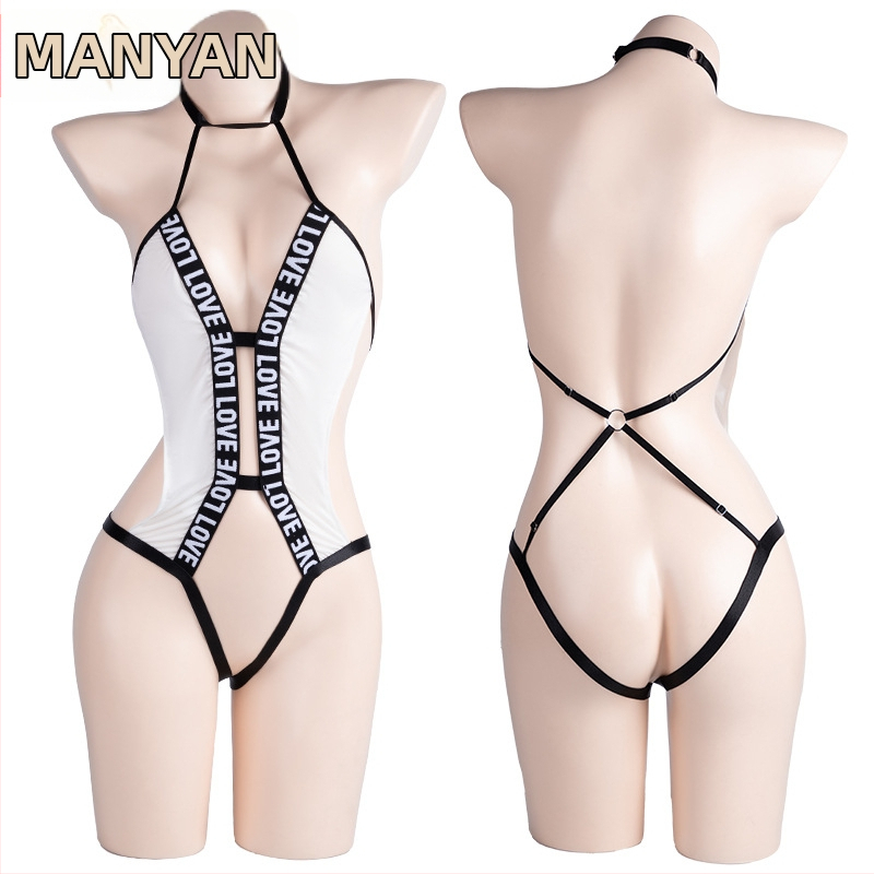 Sexy body s hlbokým V-hraním, dizajnom na chrbte, otvorenými ramienkami a spodnou bielizňou s písmenovým motívom