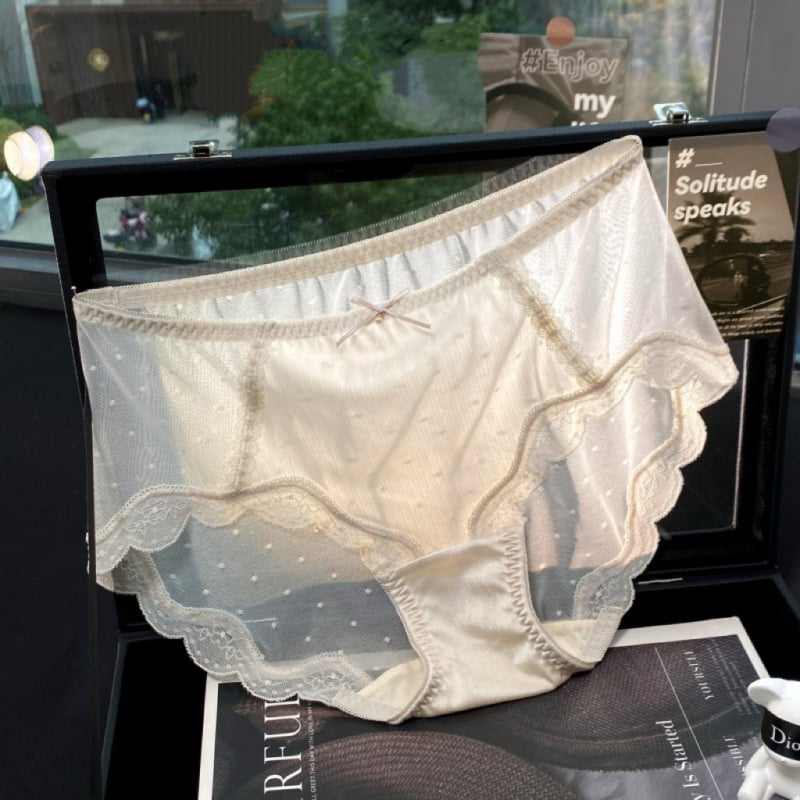 Γυναικείοι ultra-thin εσώρουχοι με δαντέλα, Ice Silk ύφασμα, μεσαία μέση, αναπνέων δίκτυο με πουά, εφαρμοστό στους γοφούς