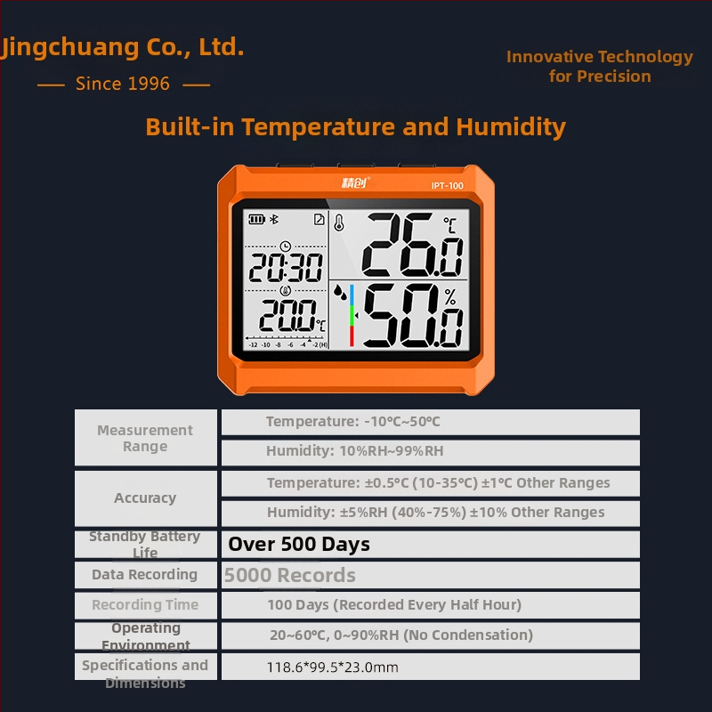 Jingchuang IPT-100 Μετρητής θερμοκρασίας και υγρασίας βιομηχανικός, υψηλής ακρίβειας, Bluetooth, για εργαστηριακή και βιομηχανική παρακολούθηση