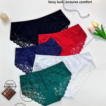Sexy bavlnené nohavičky z čipky pre ženy, priedušné, stredne dlhé, s potlačou, duté trojuholníkové nohavičky vo francúzskom štýle