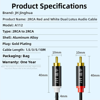 Jinghua audio kabel 2RCA s crvenim i bijelim konektorima, lijevi i desni kanal za TV audio pojačalo