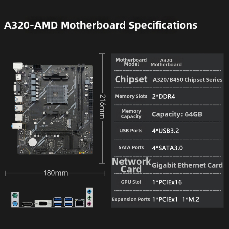 Základná doska pre stolné počítače AMD Ryzen AM4 A320 s podporou pamätí DDR4, rozhraním M.2, kompatibilná s procesorom AM4
