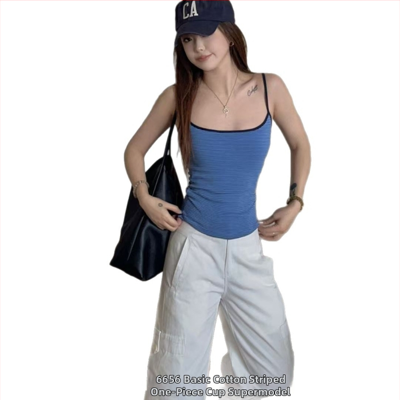 Korean Style 6656 Βασικό κορμάκι από 100% βαμβάκι με ριγέ ύφασμα, ενσωματωμένες cups, αναπνεύσιμο, ευέλικτο για γυναίκες