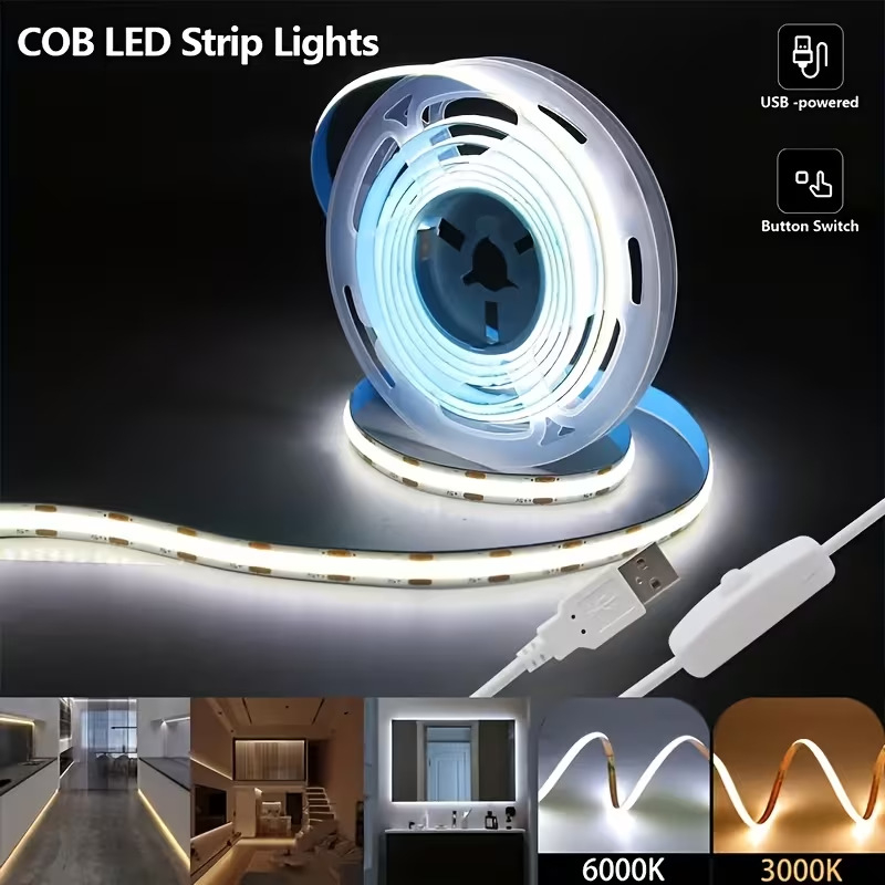 Izuzetno svijetla COB LED traka, 5V, samoljepljiva, niskonaponska, fleksibilna traka za plafon, stepenice, ormariće i vinske ormariće, linearno osvjetljenje