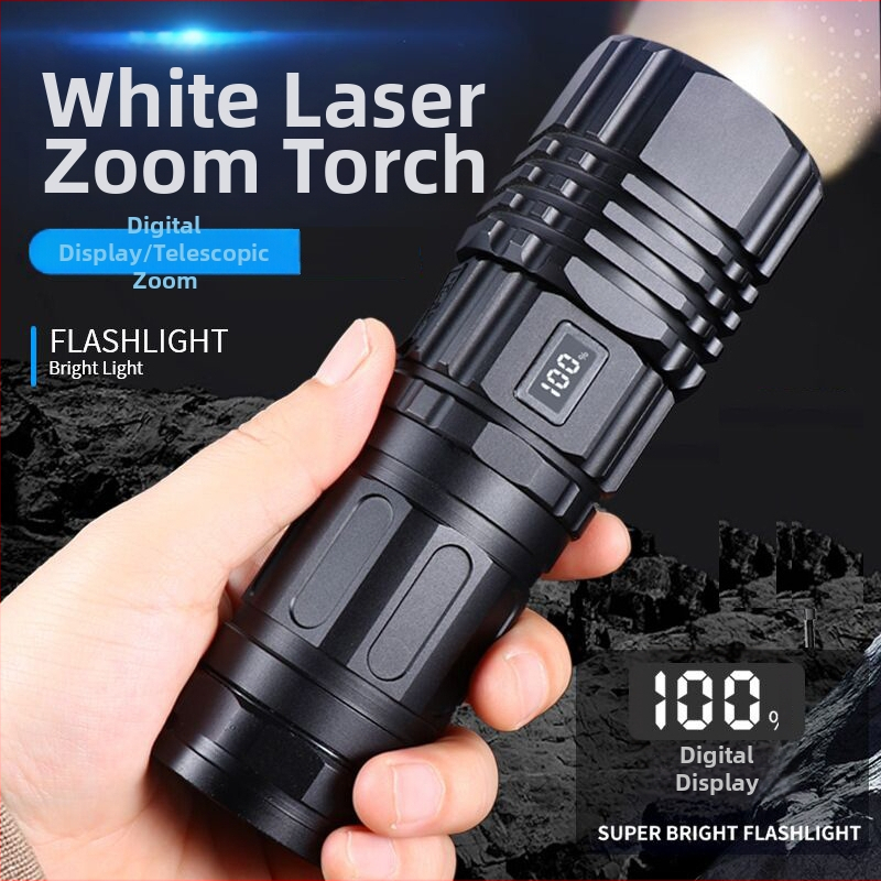 Výkonné svietidlo s bielym laserom, nastaviteľným lúčom a LED diódou s dlhým dosahom, ktoré sa dá nabíjať cez USB, na vonkajšie použitie.
