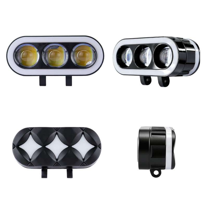 Motorkerékpár LED reflektor dupla színű lencsével, fehér/sárga és kék gyűrű