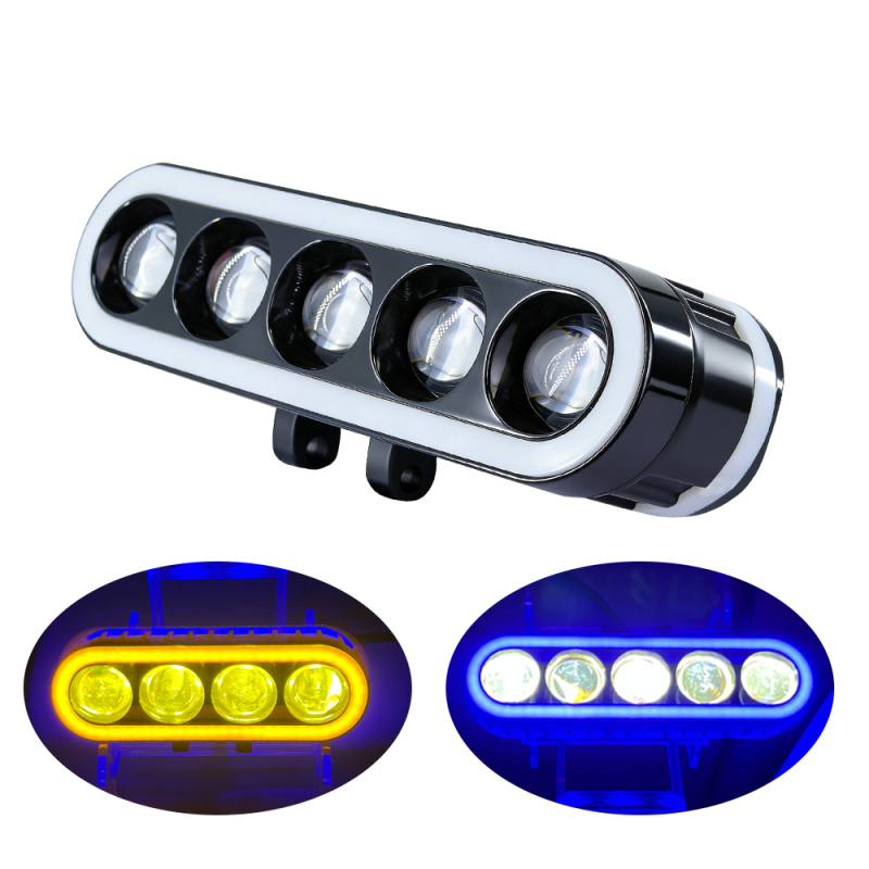 Motorkerékpár LED reflektor dupla színű lencsével, fehér/sárga és kék gyűrű