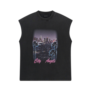 Βαμβακερή αμάνικη T‑shirt, χαλαρή γραμμή, εκτύπωση νυχτερινής σκηνής του Λος Άντζελες, ξεβαμμένος φθαρμένος ύφος