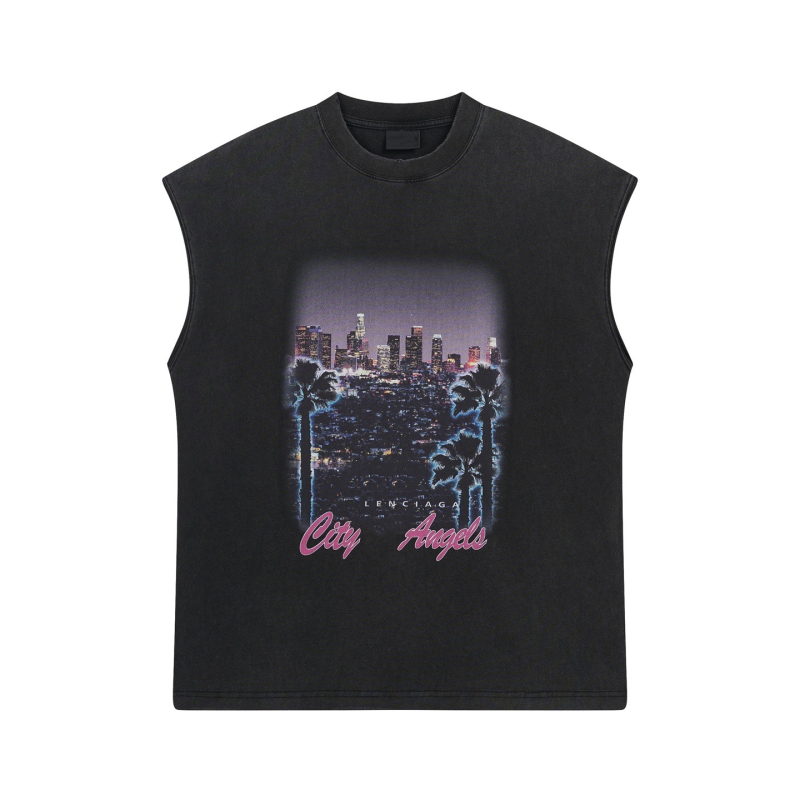 Βαμβακερή αμάνικη T‑shirt, χαλαρή γραμμή, εκτύπωση νυχτερινής σκηνής του Λος Άντζελες, ξεβαμμένος φθαρμένος ύφος