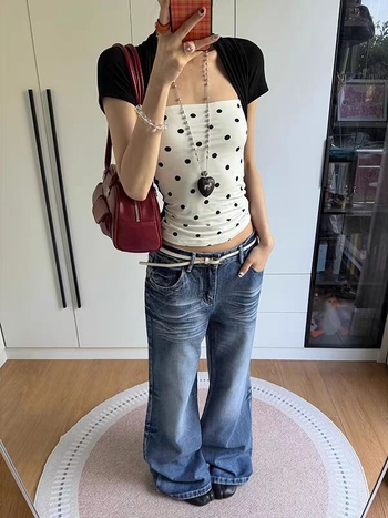 Dámske bodkované tričko Yeye s krátkym rukávom, štvorcovým výstrihom a bodkami, letný slim strih, vintage a všestranný, dvojdielny top s imitáciou vzoru